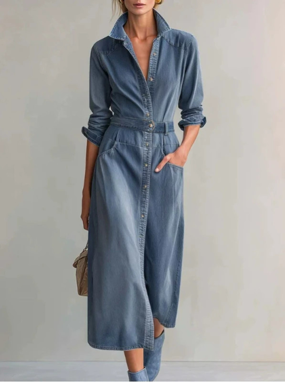 H&M   Women Casual Washed Denim Long Sleeve Shirt Collar Long Dress